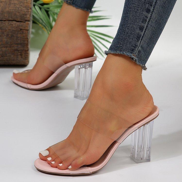 

One word with high heels cool slippers women s 2025 summer new buckle European and American large size ladies heels sandals 42 рожевий