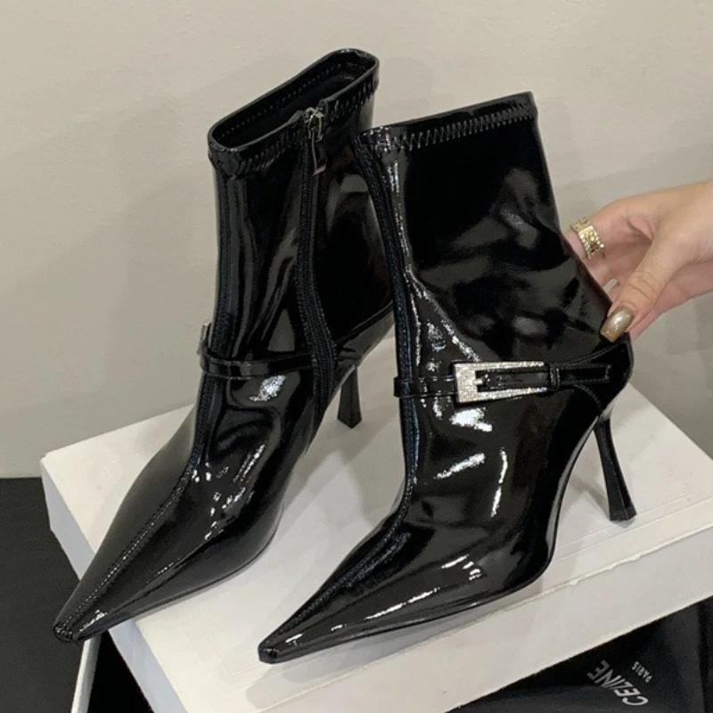 

Luxury Crystal Buckle Design Sexy Pointed Toe Women s Ankle Boots Patent Leather Side Zipper Short Boots Ladies Banquet Heels 39