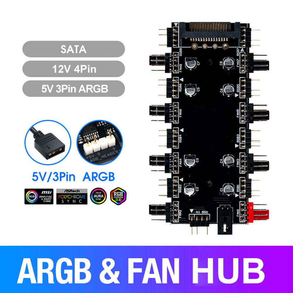 12V 4Pin/5V 3PIN Cooler Fan HUB Splitter SATA Power Supply ARGB/RGB PWM Fan Hub Addressable RGB Lighting PCB Splitter with Cable