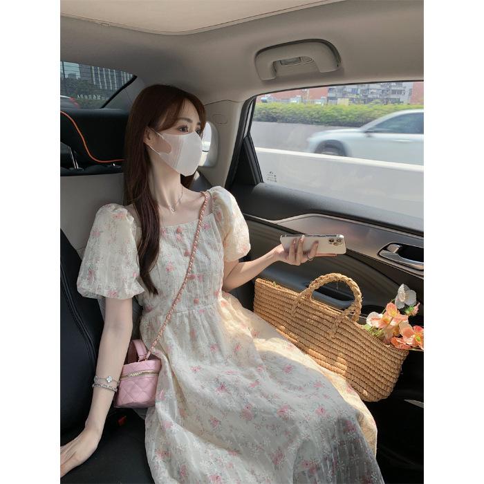French gentle wind floral dress women's summer new high-end temperament waist bubble sleeves fairy first love long dress