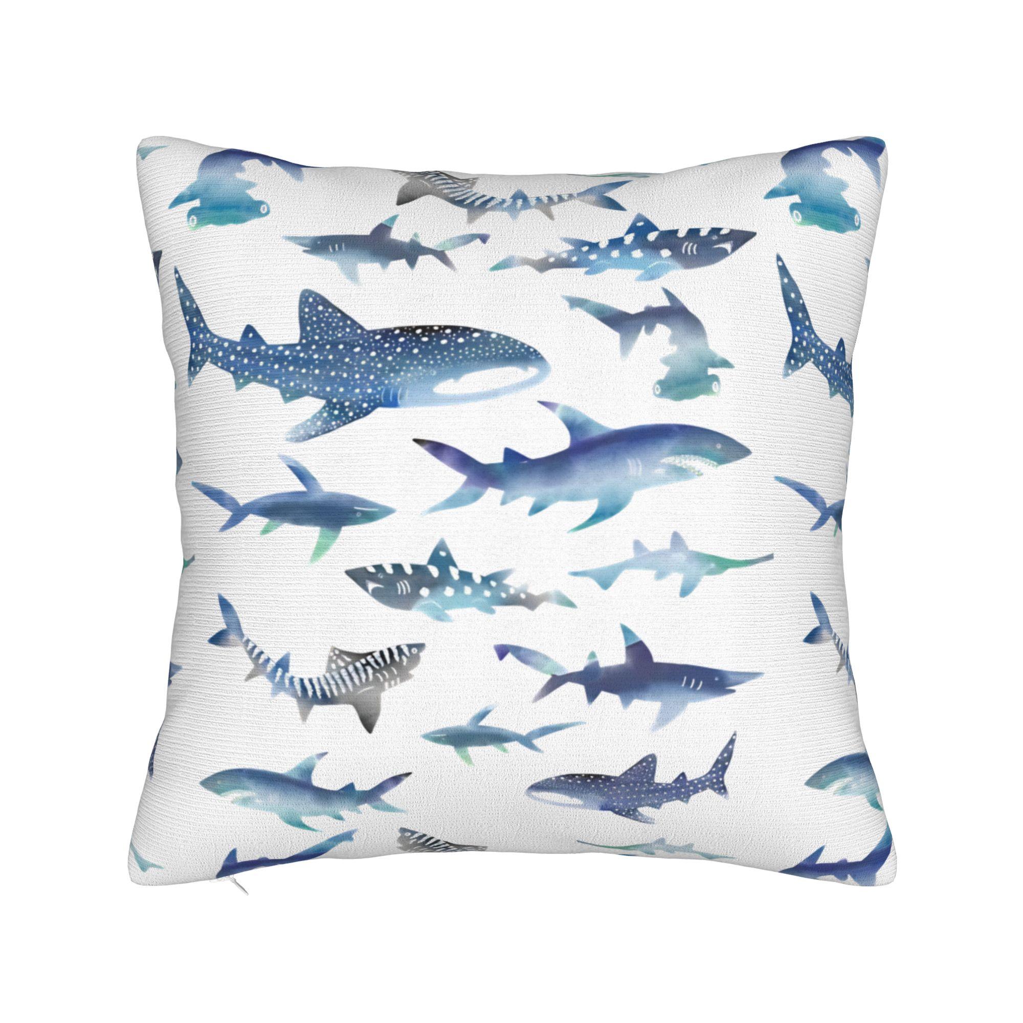 Monochrome Blue Watercolour Shark Ocean Pillowcases Cute Funny Pillow Case For Living Room Sofa Square Pillow Cover 30cmx30cm