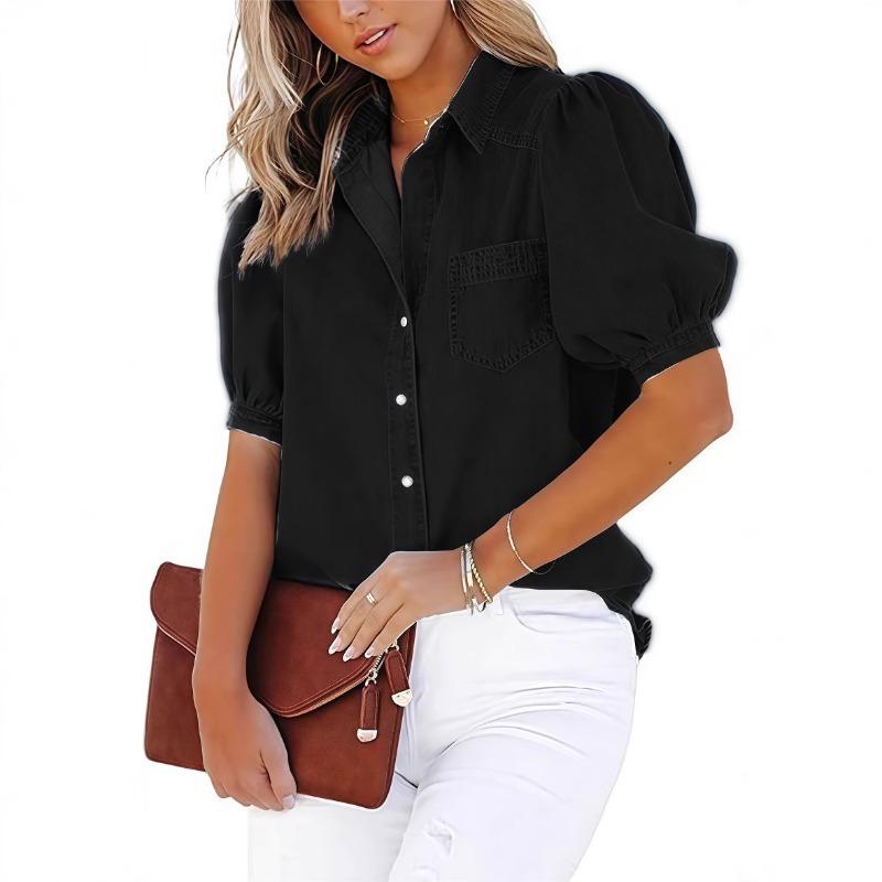 Chemise en jean à manches bouffantes pour femme Boutons devant Manches courtes Décontractée Multicolore
