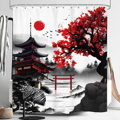 Japanese Cherry Blossom Shower Curtain Watercolor Black Red Floral Asian Chinese Mountain Sun Anime Fabric Waterproof