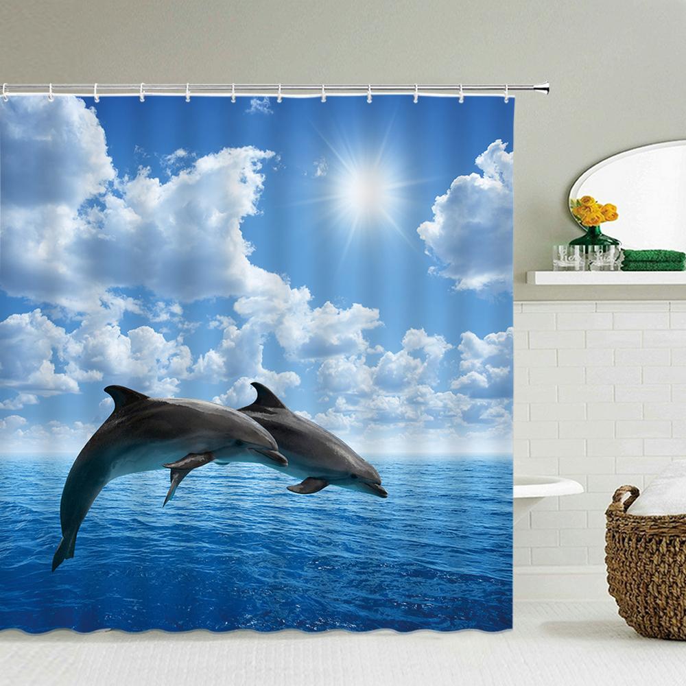 Beach Sea Palm Trees Shower Curtains Scenery Waterproof 3d Bathroom Curtains With Hooks Home Decoration Washable Bath Screen