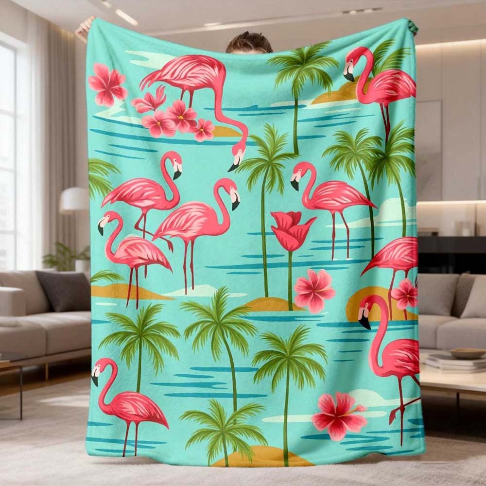 1pc Tropical Flamingo Palm Tree Hibiscus Flower Throw Blanket Soft Cozy Summer Beach Blanket for Home Couch Bed