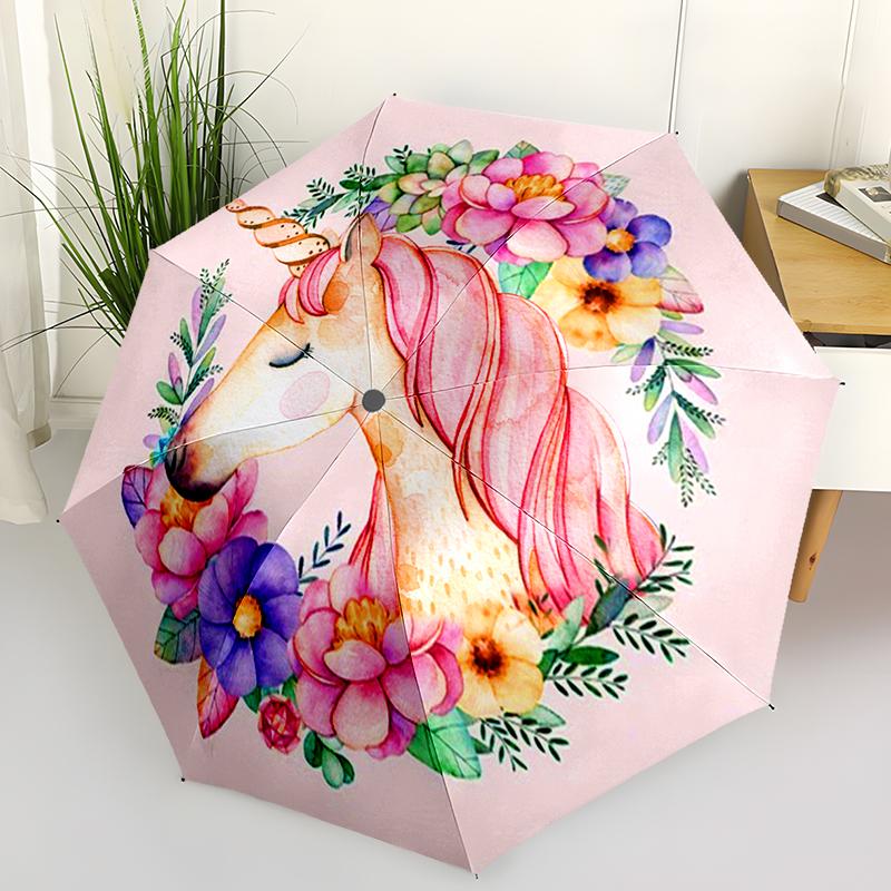 

1PC Pink Unicorn Folding Umbrella Fashion Auto-Open Design 8 Iron Ribs Plastic Handle Foldable Sunshade Perfect Christmas Gifts
