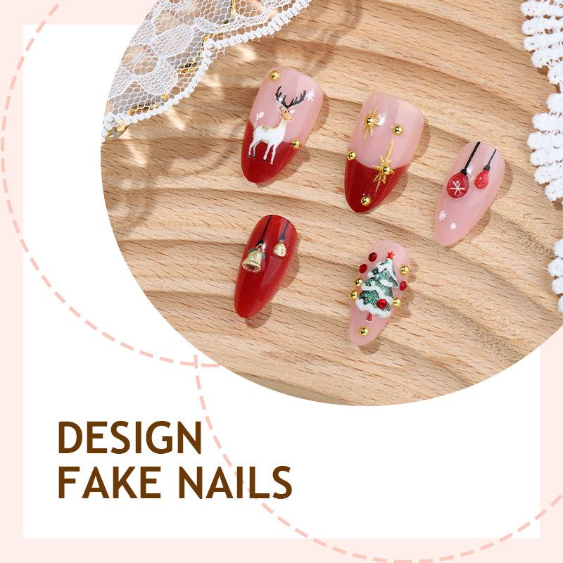 Christmas Press On Nails Medium Almond Fake Nails with Designs Reusable False Nails Press Ons Full Cover Acrylic Glue On Nails Stick On Nail for Women