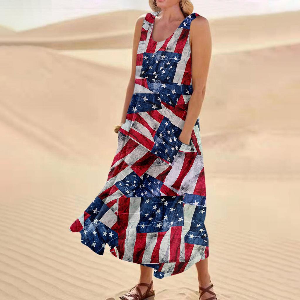 Women's Fashion Casual Independence Day Print Sleeveless Cotton Linen Pocket Dress