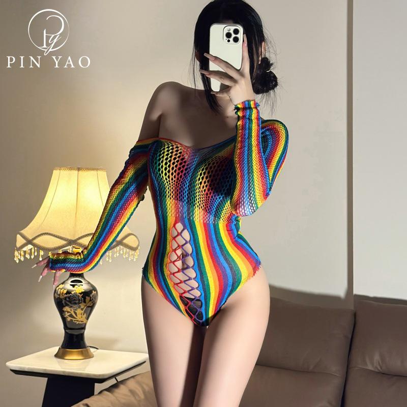 Vibrant Rainbow Lace-Up Fishnet Bodysuit: Off-the-Shoulder, Sexy, See-Through Lingerie