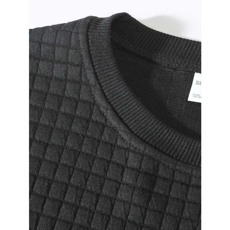 Men's Fall Winter Slim Fit Crew Neck Long Sleeve Sweatshirt, Solid Small Grid Pattern Casual Base Layer Pullover Tops