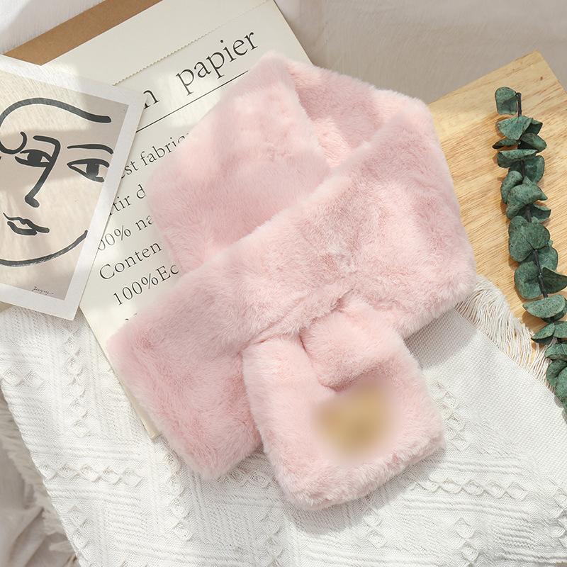 Imitation Rex Rabbit Hair Scarf Female Autumn and Winter Cute Bear Thickened Warm Student Solid Color Fluffy Scarf Neck Protection