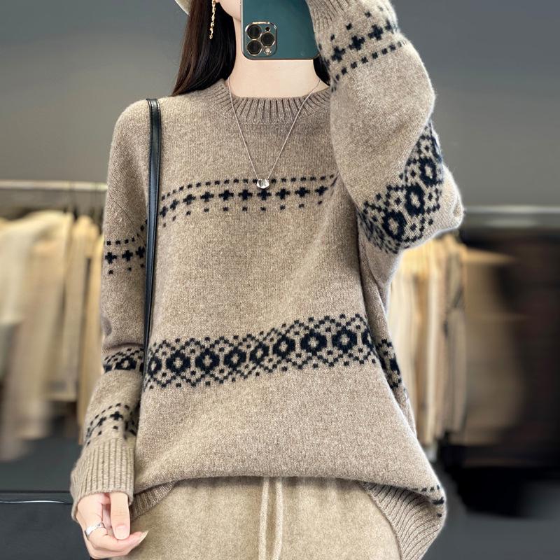 Meng Yi Women's Jacquard Wool Sweater: Autumn/Winter Loose Knitwear, Thick Round Neck