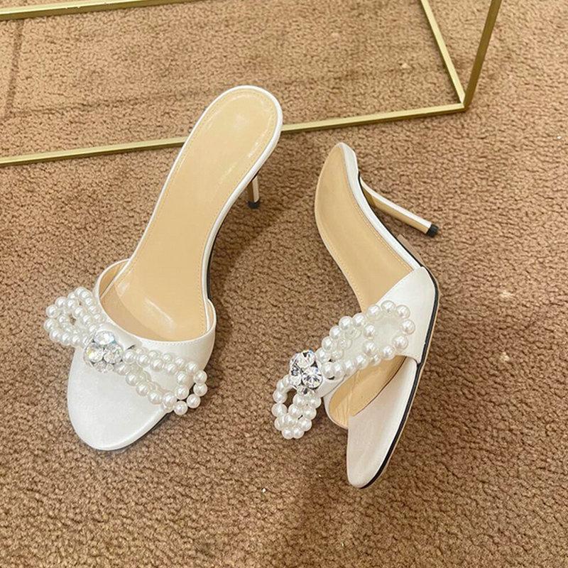 Fashion 2025 New Water Diamond Pearl Bow Pointed-Toe High Heels With Beaded Flip-Flops Versatile Wedding Shoes