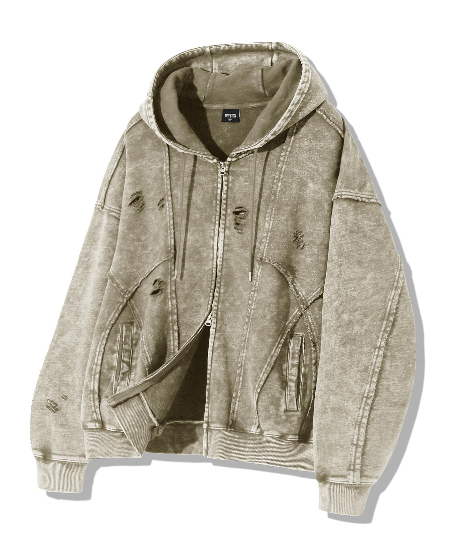 Trillion Oversized Distressed Pigment Zip-Up Hoodie