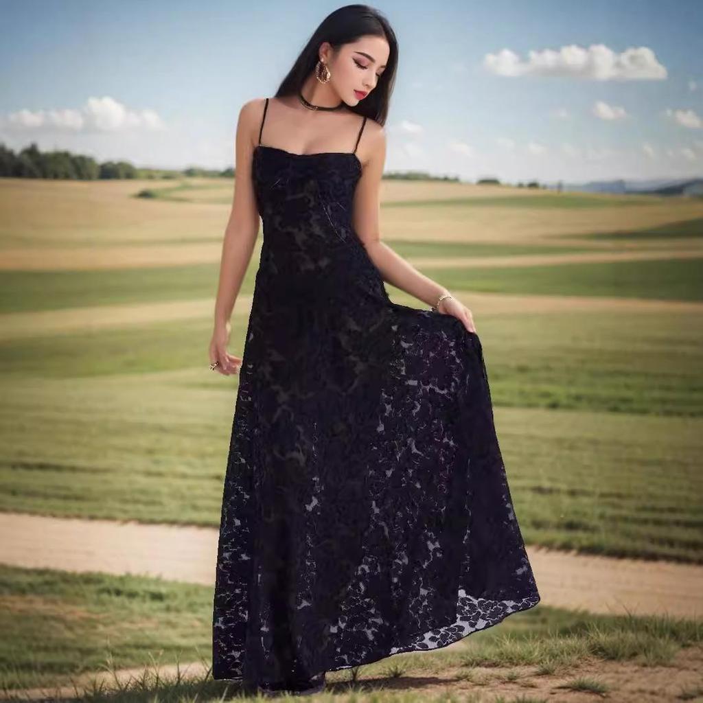 Frühling Sommer Damen Perspektive Urlaub am Meer Slim Fit Camisole Kleid Hohe Taille A Linie Hosenträger Blumendruck Langes Kleid