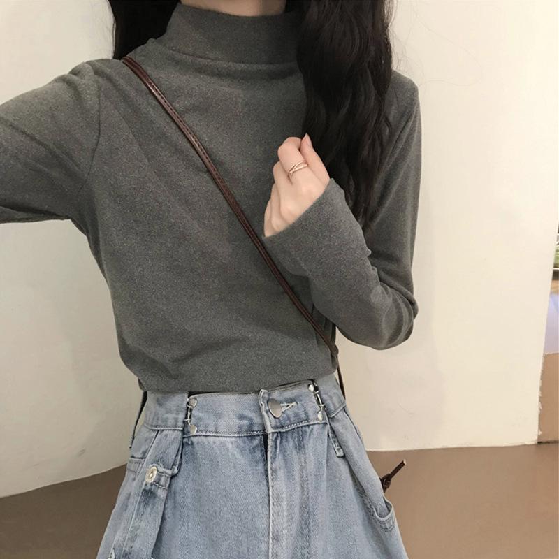 Velvet Semi-High Neck Long-Sleeve Shirt - Slimming & Warm Women's Autumn/Winter Top