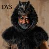 Retro Viking Style Cloak Wolf Head Shawl, Faux Fur Hooded Cape with Hood for Script Killing Costume Props Halloween Cosplay Party Stage Performance