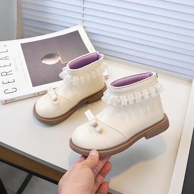 Spring Autumn Girls Fashion Beige Ankle Boots Sweet Children Lolita Leather Boots Causal Versatile Bowknot Princess Kid's Boot