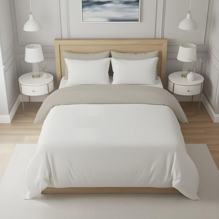 Housse de couette bicolore en coton 57 fils 240x220 cm UNI lin et blanc, par Soleil d'ocre