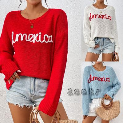 2024 New European And American Women'S Knitted Sweater Round Neck Long Sleeve America Independence Day Letter Fashion Versatile Sweater