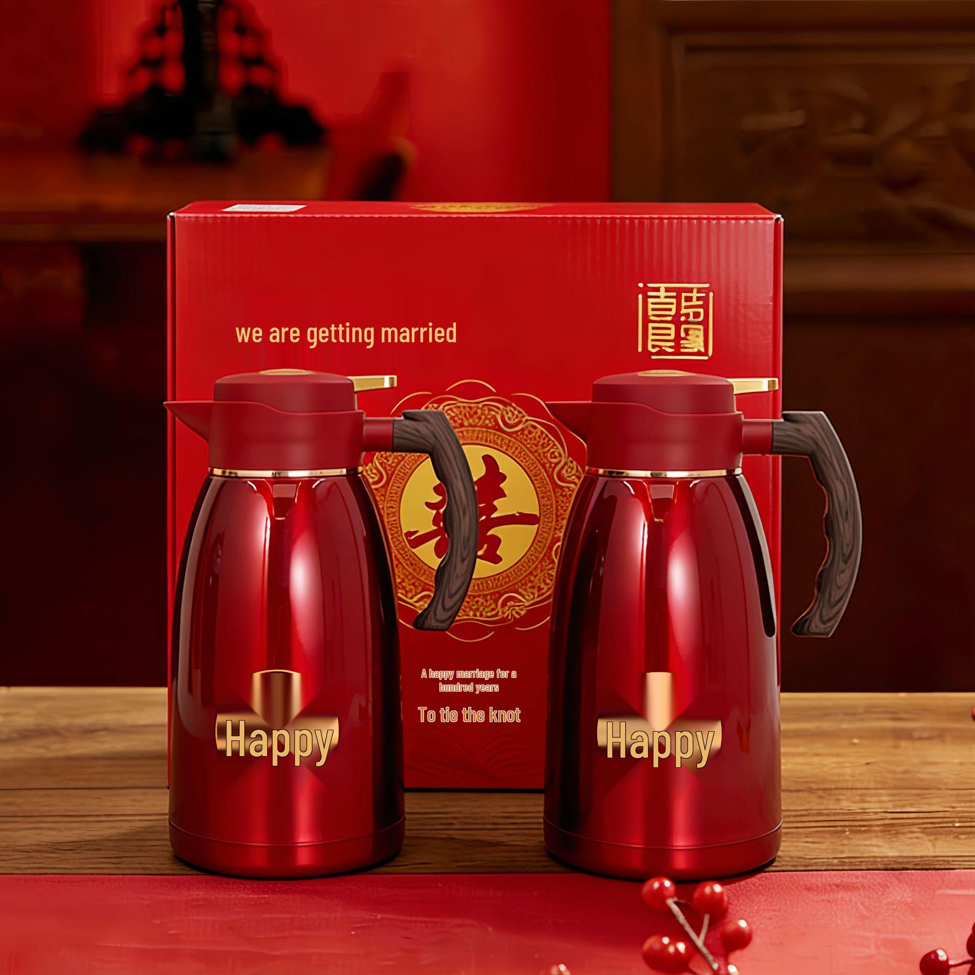 304 Stainless Steel Red Thermos Flask for Wedding Celebration - Festive Hot Water Bottle and Kettle 2L