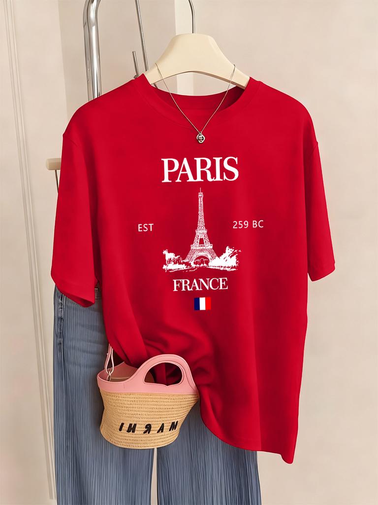 Paris Frankreich Eiffelturm Drucke T-Shirts Damen Sommer Basic Kurzarm Oberteile Rundhals Lockere T-Shirts Basics Weiche Damenkleidung