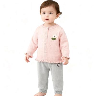 Spring & Autumn Girls' Knit Cardigan with Small Floral Design - Sweet, Fashionable Cotton Outerwear for Baby Girls