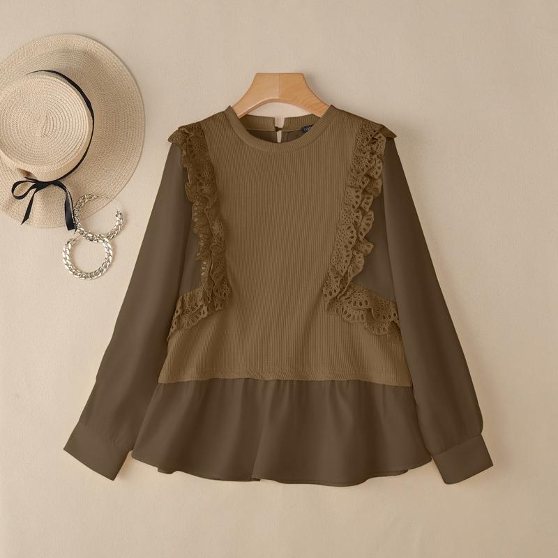 ZANZEA Women Casual Round Neck Long Sleeve Loose Patchwork Blouse