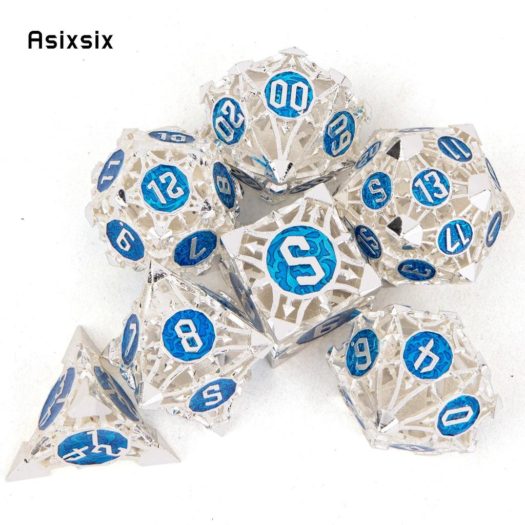 7 sztuk srebrnoniebieskie metalowe kości Hollow metalowy zestaw kości wielościennych nadaje się do odgrywania ról RPG gra planszowa gra karciana