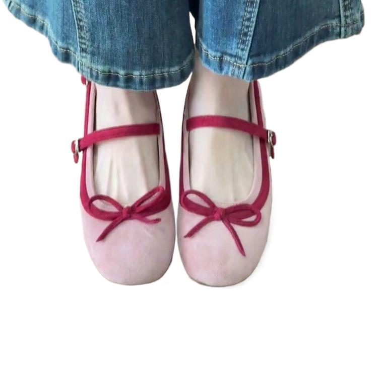 French bow shallow mouth single shoes women's small height increase 2025 spring new one-word belt Mary Jane shoes ballet shoes