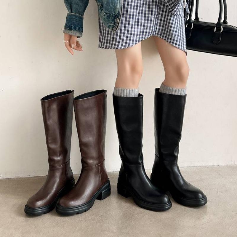 Autumn and Winter Medium Heel Large Size Knight Boots Women's Solid Color Sleeve Large Tube Circumference Women's Boots Thick-soled Versatile Cowhide
