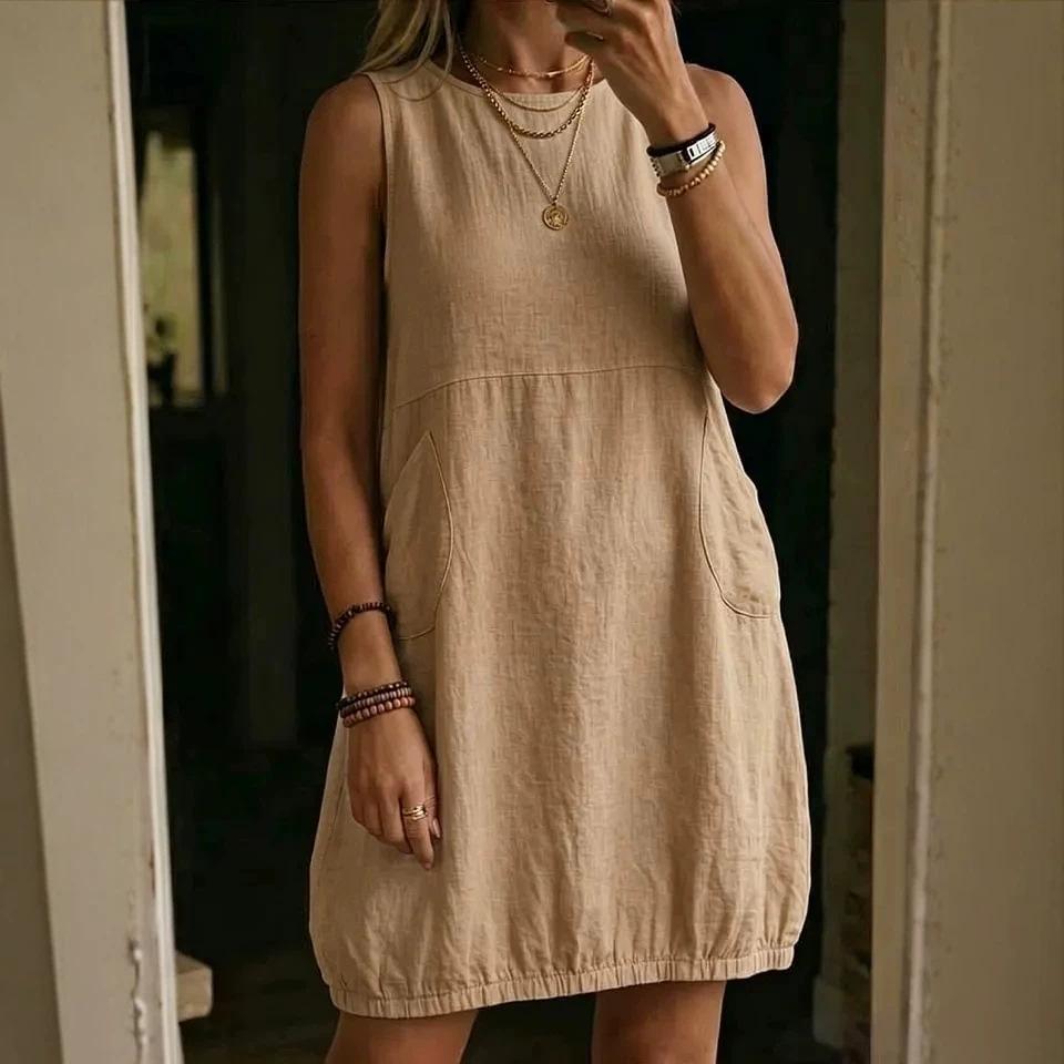 Women's Round Neck Sleeveless Side Pocket Solid Linen Loose Fit Casual Midi Dress