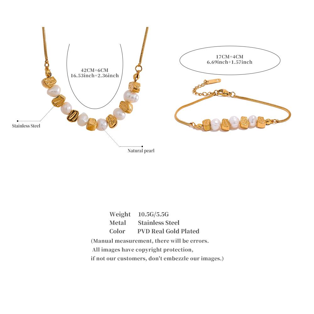 Yhpup Natural Freshwater Pearl Stainless Steel Beads Chain Necklace Bracelet Bangle Gold Color Vintage Handmade Jewelry Women