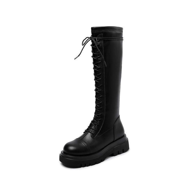Women's Slimming Knee-High Black Lace-up Riding Boots with Thick Sole 2025