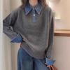 Womens Relaxed Fit Knit Sweater With Denim Sleeve Panel Polo Collar Fake Two-Piece Design Soft Cashmere Blend Fall Winter 2026