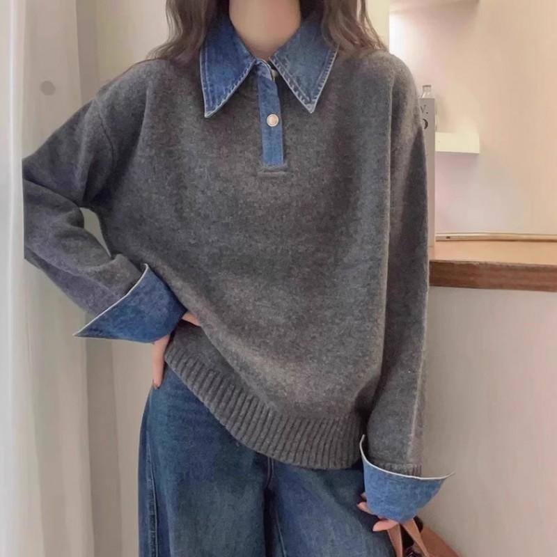 Womens Relaxed Fit Knit Sweater With Denim Sleeve Panel Polo Collar Fake Two-Piece Design Soft Cashmere Blend Fall Winter 2026