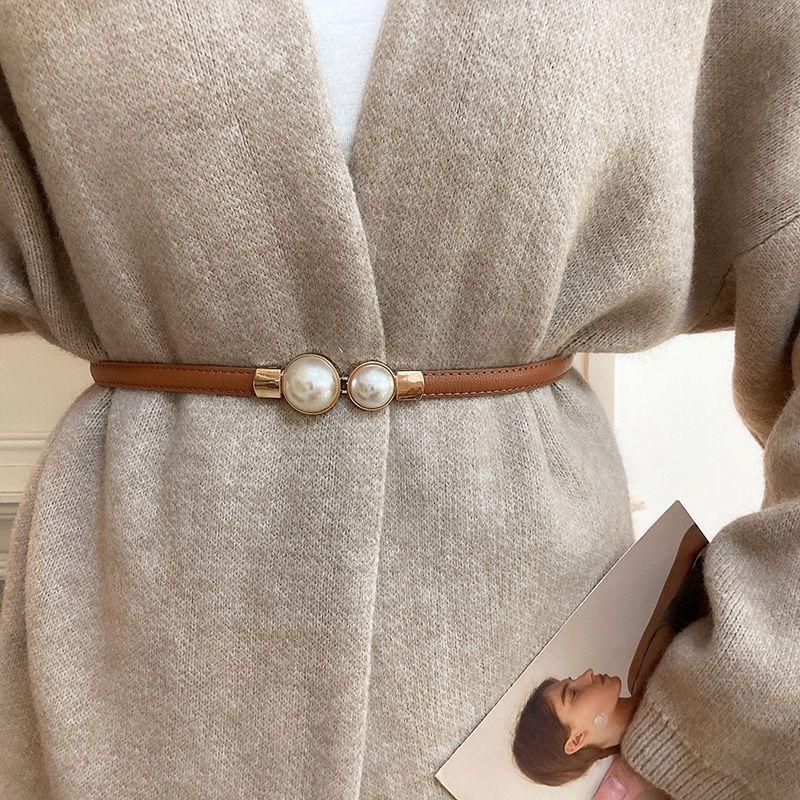 Pearl Belt Women's Elastic Thin Belt Women's Decoration with Skirt Fashionable and Simple Buckle Thin Belt