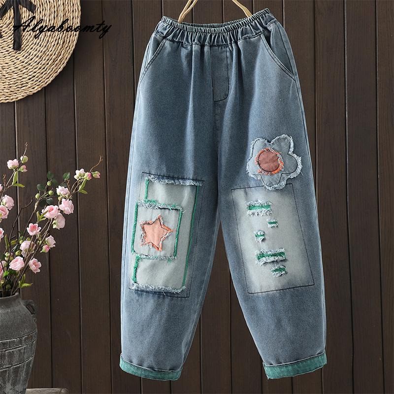 

Джинсы женские базовые в корейском стиле на весну-осень, эластичная талия, аппликации, рваные, винтажные, джинсовые брюки, повседневные, свободные, с карманами XXL