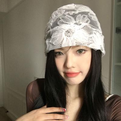 Dámská letní tenká krajková klobouková čelenka s flitry a květinovým vzorem v korejském stylu, lehká, sladká, univerzální, pro velký obvod hlavy, volnější kulich