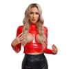 Women's Wetlook Patent Leather Mock Neck Long Sleeve Hollow Out Crop Tops Clubwear