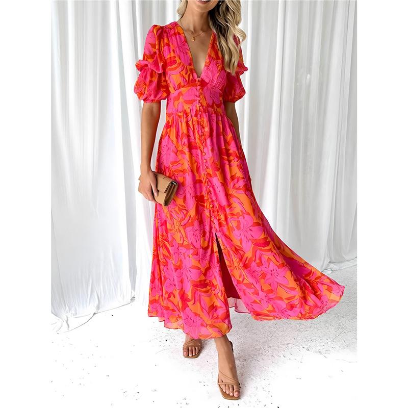 European and American cross-border independent station summer fashion printing bubble sleeves deep v-neck split ends sexy women s long dress S