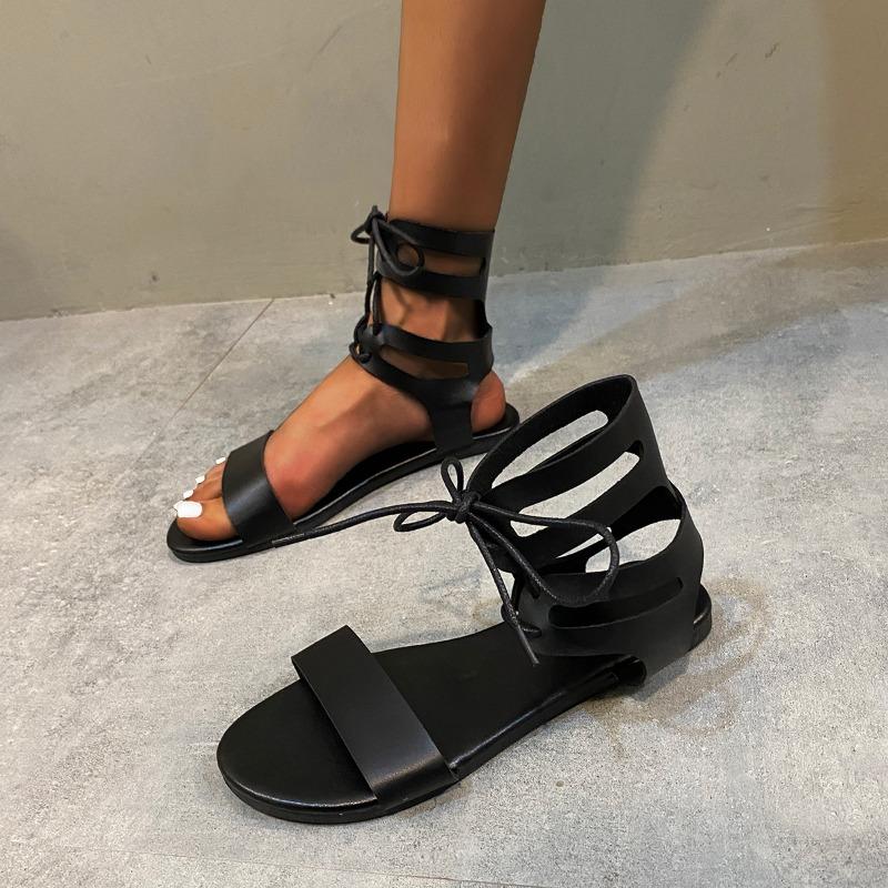 Sandálias Femininas Novo Estilo - Versáteis, Tiras Cruzadas, Cadarço, Sapatos de Fundo Plano