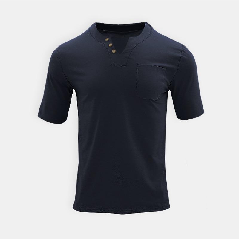 Summer Men's Thin V-Neck Solid Color Casual Breathable Short Sleeve T-Shirt With Pocket