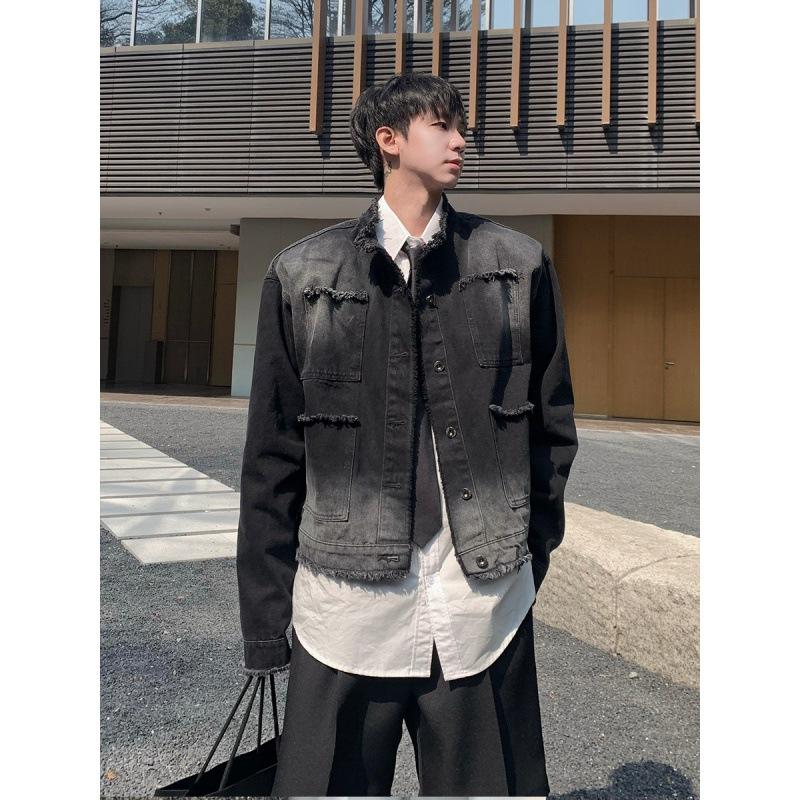 Men's Casual Washed Denim Jacket Streetwear Ripped Stand Collar Texture Retro Long Sleeve Plus Size