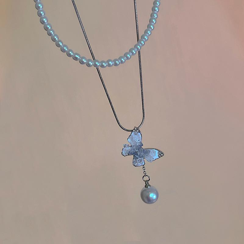 Gradual change blue butterfly pearl bracelet necklace set high sense stacked collarbone chain versatile Spice Girl same accessories