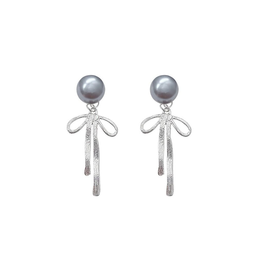 Balletcore Simple Earrings Grey Pearl Piercing Ear Stud Elegant Ribbon Bow Dangle Earrings  Women