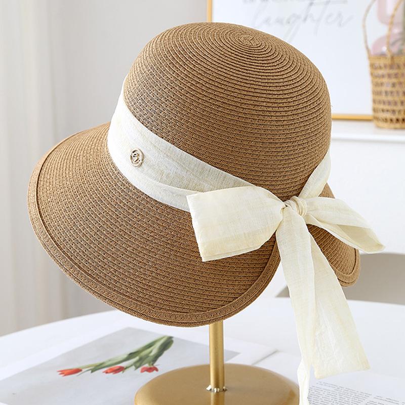 Elegant Webbing Big Eaves Sunshade Straw Hat Women's Summer Leisure Versatile Sunscreen Basin Hat Vacation Bucket Hat