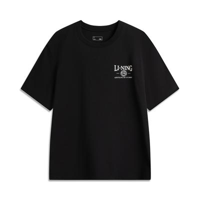 Camiseta Masculina Minimalista Versátil Gola Redonda Solta Logo de Letra Ombro Caído Manga Curta Tops Preto AHSV479-5