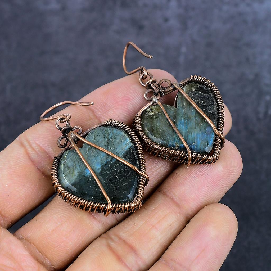 Natural Labradorite Gemstone Copper Wire Wrap Jewelry Earring 2.21" s1z87