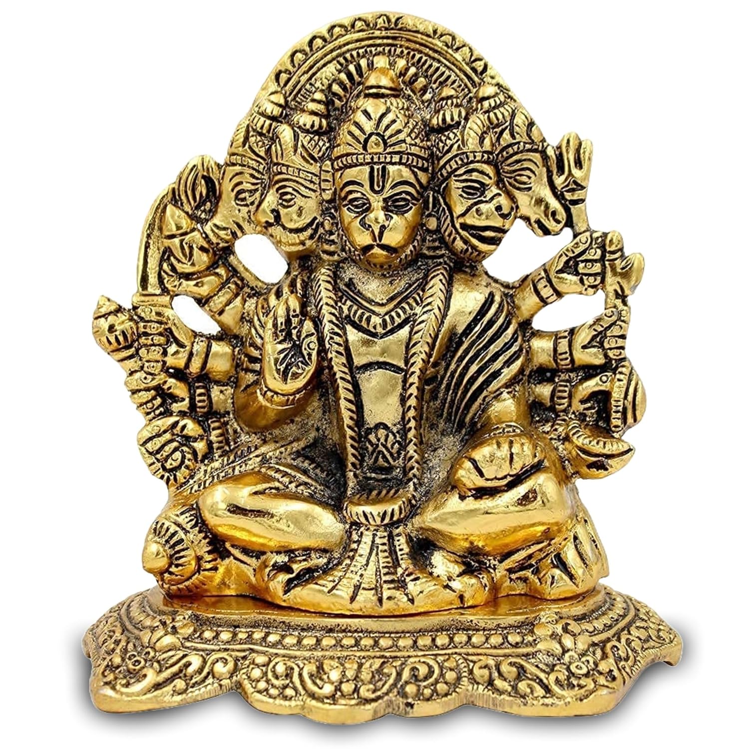 Handcrafted Lord Hanuman Brass Idol, Panchmukhi Hanuman Ji, Brass, Gold - 10 Cm